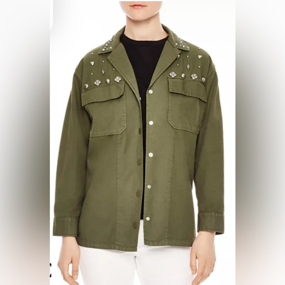 Sandro Karouna Linen Cotton Snap Front 3/4 Sleeve Studded Military-Style Jacket - Picture 1 of 16